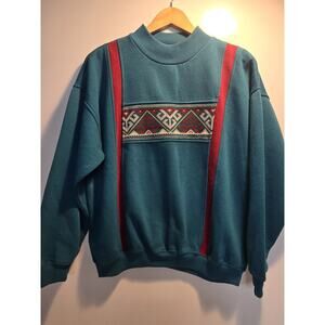 Vintage American Sportif Women's Sweatshirt Size L‎ Aqua/tribal mockneck retro
